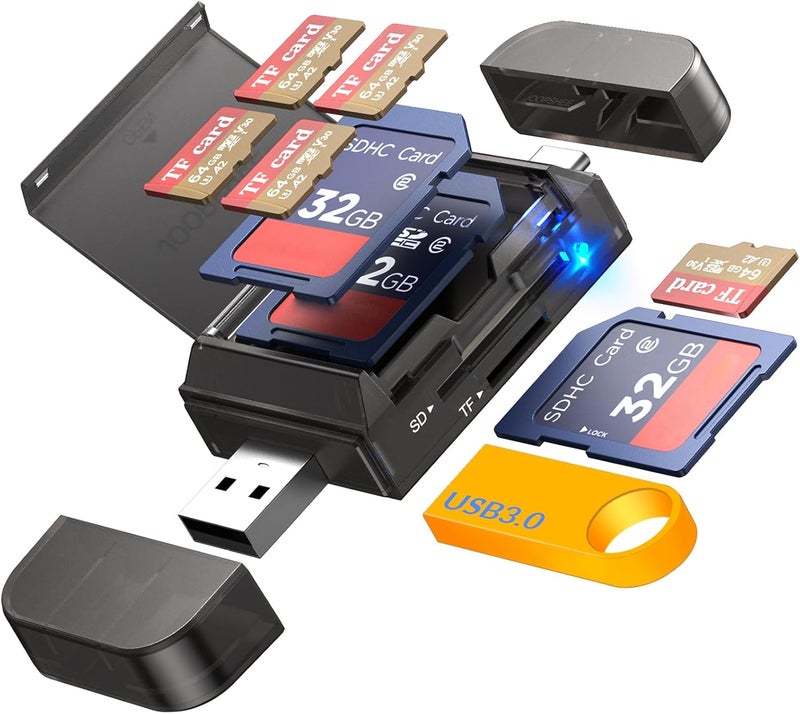 JOOPSHEE 6-in-1 SD/TF Card Reader Adapter with SD Card Storage USB A & Type C Port & USB 3.0 Slots for Micro SD/SDHC/SDXC/MMC Memory Cards, Compatible with PC, MacBook, Chromebook, Android Phone, i-Phone - Image 1